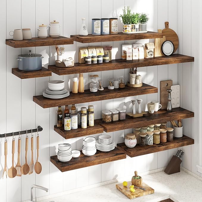 72 Inch Long Floating Shelves for Wall 2 Pack, 12"D Wood Grain Bathroom Shelves with Invisible Brackets, Easy Install Engineered Wood Storage Shelves for Kitchen, Living Room, Bedroom, Rustic Brown