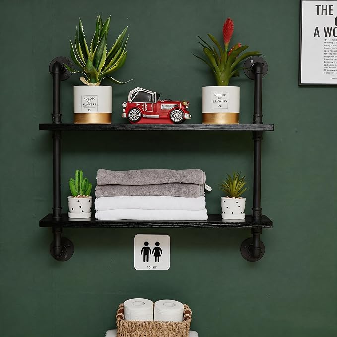 HDDFER Bathroom Floating Shelves for Wall - Industrial Pipe Shelving Shelves Wall Mounted Shelf 24 in Over Toilet Farmhouse Home Decor Display Bookshelf Black