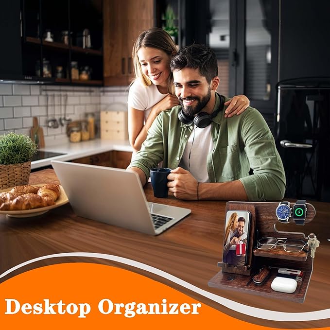 VEIYAILU Walnut Wood Phone Docking Station Nightstand Organizer for Men, Gifts for Him, Boyfriend, Dad, Husband, Brother, Son, Anniversary, Birthday, Christmas, Father's Day