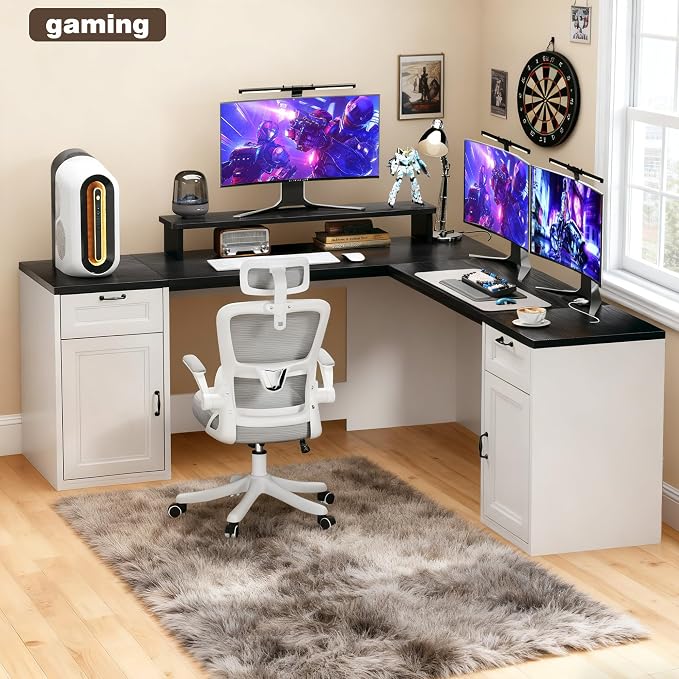 HUAHUU 78" Farmhouse L Shaped Executive Desk with Drawers, Modern Computer Desk with Power Outlets, Office Writing Desk with Monitor Stand & Storage Cabinet, Printer Shelf, Antique White