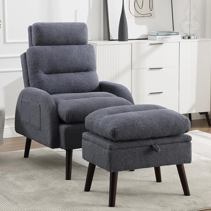 HCHAIRH Accent Chair with Ottoman, Comfy Reading Chair with Ottoman Set, Modern Oversized Velvet Lounge Armchair with Adjustable Backrest for Living Room Bedroom (Teddy Blue Grey)