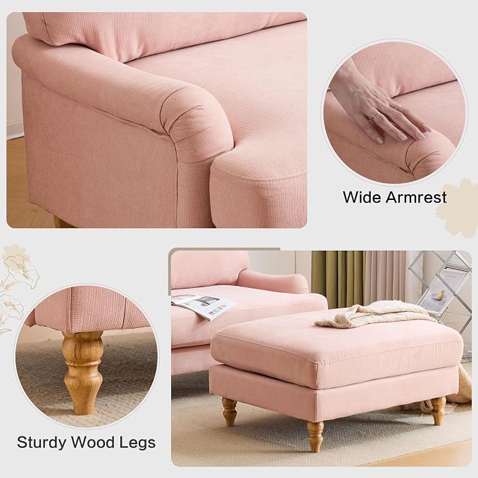 Bezseller Oversized Chair Indoor with Ottoman, 46" W Upholstered Armrest Sofa, Big Comfy Lounge Sofa Deep Seat Sleeper Chair for Living Room, Apartment, Bedroom, Reading Room(Pink)
