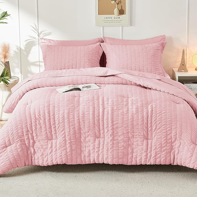 HYMOKEGE Pink Full Size Comforter Sets Seersucker 7 Pieces, All Season Luxury Bed in a Bag for Bedroom, Bedding Set with Comforters, Sheets, Pillowcases & Shams