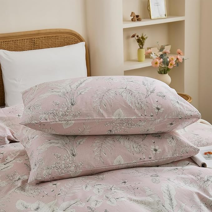 Cozeline Duvet Cover Set King Size 100% Nature Cotton Pink Floral Leaf Pattern Duvet Cover Set 3 Pieces Soft & Breathable Bedding Set with Zipper Closure & Corner Ties