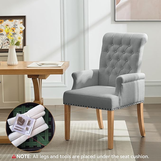 Fabric Dining Chair with Arms, Upholstered Tufted High Back Dining Room Chairs, Accent Armchair with Solid Wood Leg and Nailhead Trim, Kitchen Dining Living Room, Light Grey