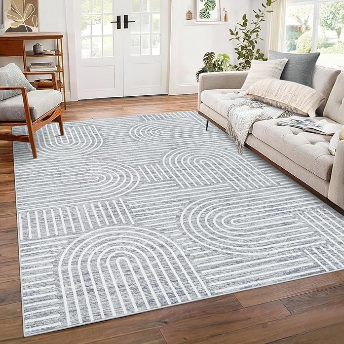 Washable Rug 6x9 Area Rugs for Living Room, Abstract Rug for Bedroom, Soft Rainbow Non Slip Throw Rugs with Rubber Back, Low Pile Stain Resistant Boho Geometric Carpet for Dining Room, Ash