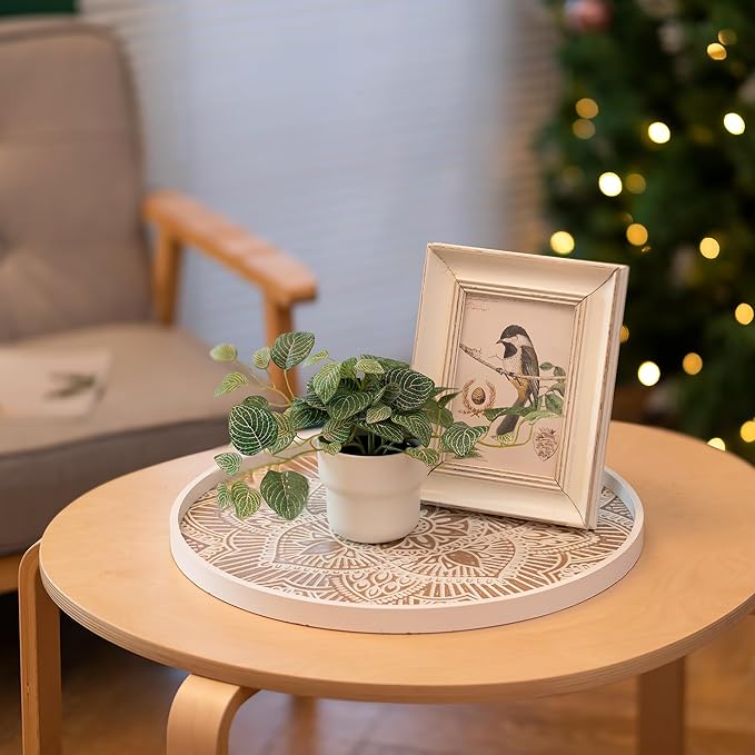 Hanobe Large Round Decorative Tray: Boho Coffee Table Trays Centerpiece for Home Decor - Farmhouse White Washed Rustic Serving for Women Kitchen Counter Ottoman