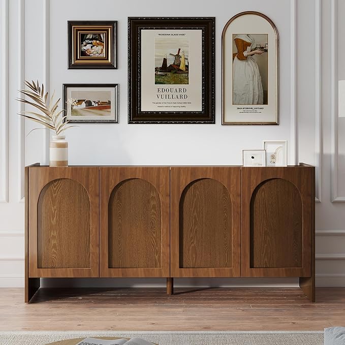 63" Sideboard Buffet Cabinet with Storage, 4 Door Solid Wood Veneer Sideboard Modern Arched Accent Cabinet with Adjustable Shelves, Large Credenza for Living Room,Kitchen,Entryway(Brown)