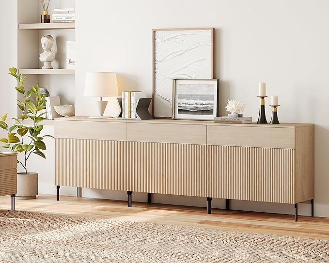 WAMPAT 94.5" W Large Sideboard Buffet Cabinet with Storage,3 in 1 Fluted Sideboard Buffet with 6 Doors, Wooden Buffet Table, Coffee Bar Wine Bar Cabinet for Kitchen, Dining Room, Living Room, Beige