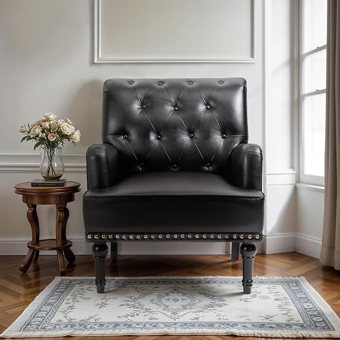 MOJAY Faux Leather Accent Chair, Mid-Century Armchair Living Room Sofa Chair with Rubber Wood Leg, Club Chair with Rivet Trim for Bedroom Reading Room Reception (Black)