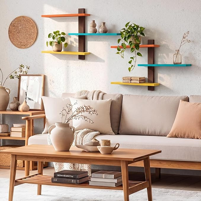 Pinkunn 2 Pack Wood 3 Tier Floating Shelf Large Minimalist Wall Shelves Mid Century Modern Furniture Wall Mount Shelf Art Decor Rustic Shelving for Bedroom Living Room Office Home (Mid Century Color)