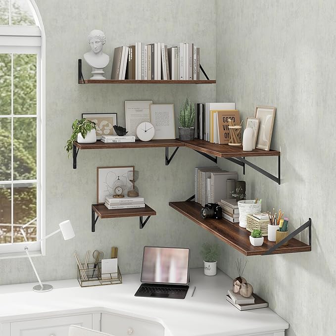 Deep Floating Shelves Wall Mounted, 48"x12" Walnut Wall Shelves with Brackets Set of 2 for Bedroom, Living Room, Bathroom, Kitchen, Office - Storage & Display Shelf for Decor, Books, Plants