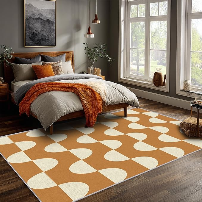 Caramel Dot Wave Area Rug 7 x 10 ft, Mid-Century Modern Geometric Rug, Brown Cream Abstract Washable Rug, Soft Low Pile Non-Slip Carpet for Living Room Bedroom Dining Room
