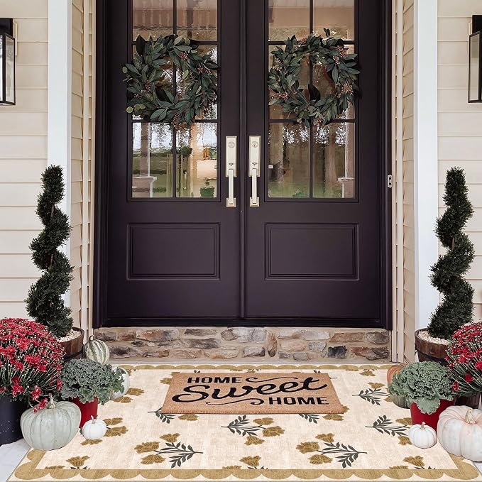 4x6 Covered Outdoor Patio Rug - Beige Washable Front Porch Entry Rug Non-Slip Door Mat Indoor Outside Entrance Floral Scalloped Area Rugs for Living Room Entryway Foyer Backyard Porch Decor