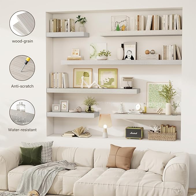24 Inch Floating Shelves, 12" Deep Floating Shelf Wall Mounted, 24" Wall Shelves, Rustic Deep Bookshelf, Extra Deeper & Thicker Display Shelves for Bedroom, Living Room, Gray, Set of 2