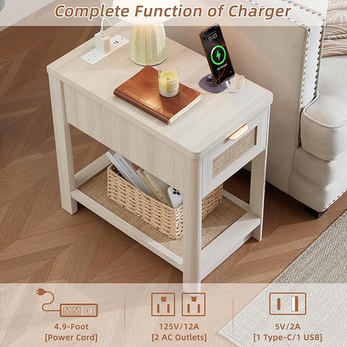 Lerliuo Narrow Night Stand Set of 2 with Charging Station, Boho Nightstand with Drawer, Bed Side End Table with Rattan Shelf for Small Spaces, Wood Nightstands Bedside Tables for Living Room Bedroom