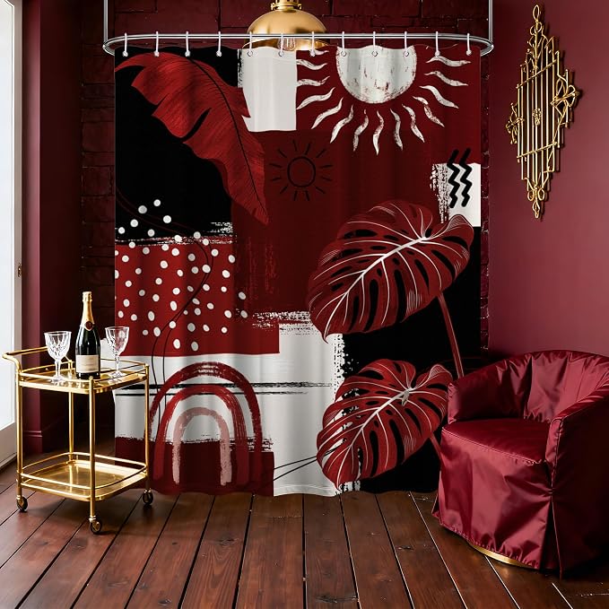 Extra Long Shower Curtain 96 Inchs Extra Tall Black and Red Mid Century Modern XL Boho Burgundy Shower Curtains for Large Bathroom Decor Sets, Waterproof Cloth Fabric with Hooks, 70 x 96 Inch