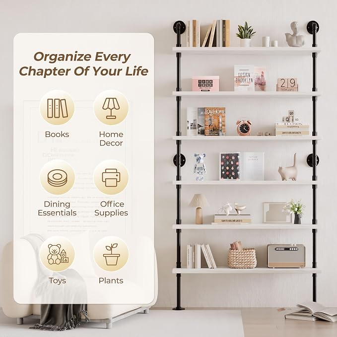 6 Tier Industrial Ladder Shelf Bookcase, Wall Mounted Rustic Bookshelf for Living Room Decor and Storage (White, 6 Tier - 10" D x 36" W x 82.5" H)