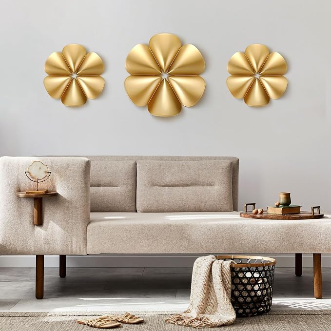 Fourluoo 3 Pack Gold Sunburst Mirrors for Wall Decor Circle Flowers Mirrors Decorative Gold Hanging Wall Art Flowers Mirror for Home Living Dinning Room Bedroom Bathroom Boho Decoration(Floral)