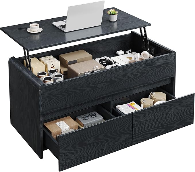 Coffee Table Lift Top, 40 Inch Multi-Function Coffee Table with 2 Drawers, Hidden Compartment, Curved Profile Design, Converts to Home Office Table, Dining Table for Living Room, Black