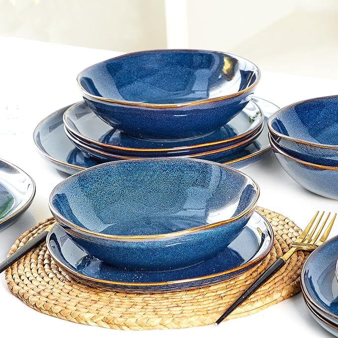 Bestone 12 Pieces Round Kitchen Dinnerware Sets,Plates and Bowls Sets,Dishes, Plates, Bowls, Dish Set, Chip Resistant Ceramic Dinnerware Set, Dishwasher/Microwave Safe,Service for 4,Cobalt Blue