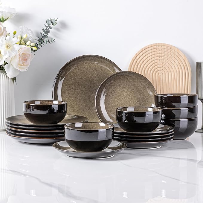 LERATIO Ceramic Dinnerware Sets for 8,Stoneware Plates and Bowls Sets,Handmade Reactive Glaze Dishes Set,Chip Resistant and Scratch Resistant | Oven&Dishwasher & Microwave Safe-Chestnut(24PCS)