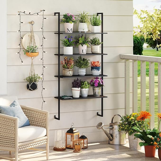 Tangkula 4-Tier Wall-Mounted Bookshelf, Industrial Modern Floating Storage Display Shelves with Metal Frame, Wall-Mounted Ladder Wooden Bookcase for Living Room, Kitchen, Bar, Office (2, Black)