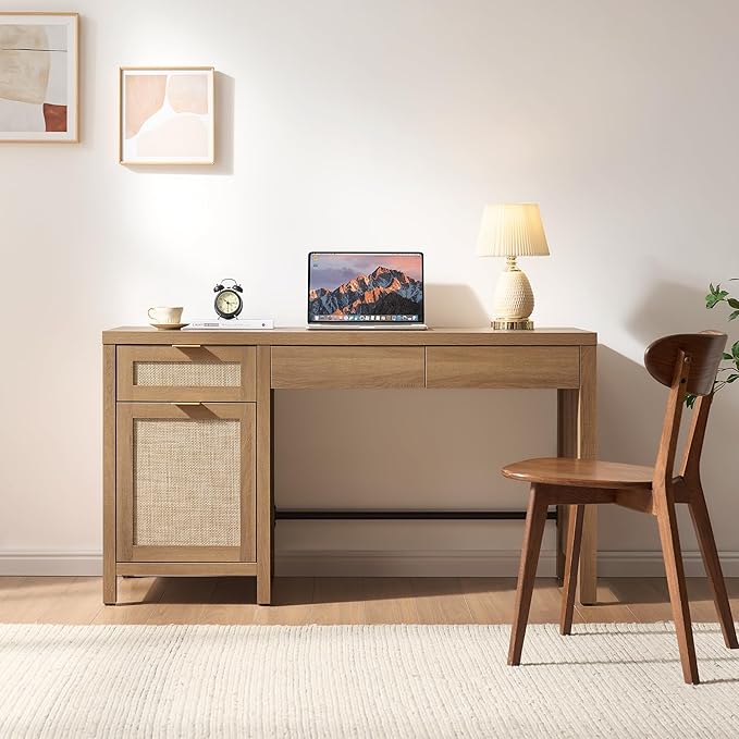 SICOTAS 55" Rattan Desk with 3 Drawers - Wood Office Computer Desk with Storage Modern Boho Home Office Desks with Side Cabinet - Large Executive Desk Study Table for Bedroom, Living Room, Oak