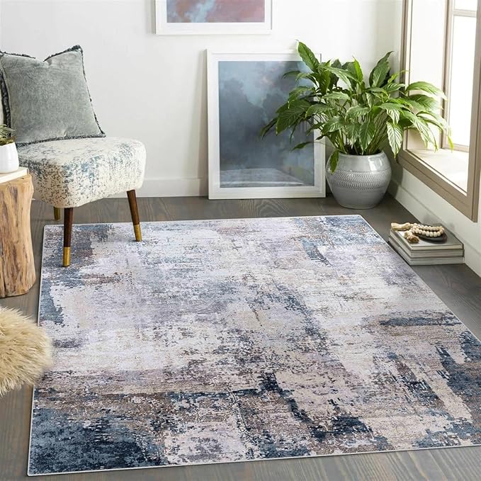 vivorug Washable Rug, Ultra Soft Area Rug 8x10, Non Slip Abstract Rug Carpet, Stain Resistant Rugs for Living Room Bedroom, Modern Fluffy Rug (Gray/Navy, 8'x10')