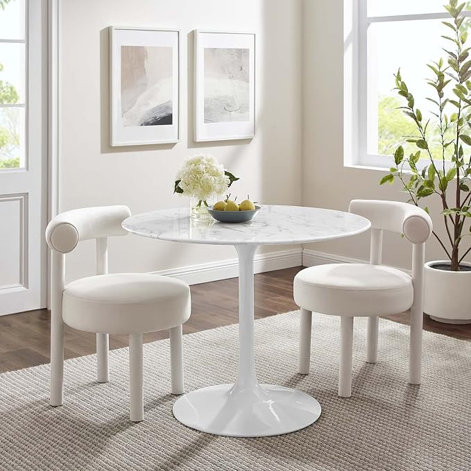 Modway Lippa 40" Mid-Century Dining Table with Round Artificial Marble Top in White