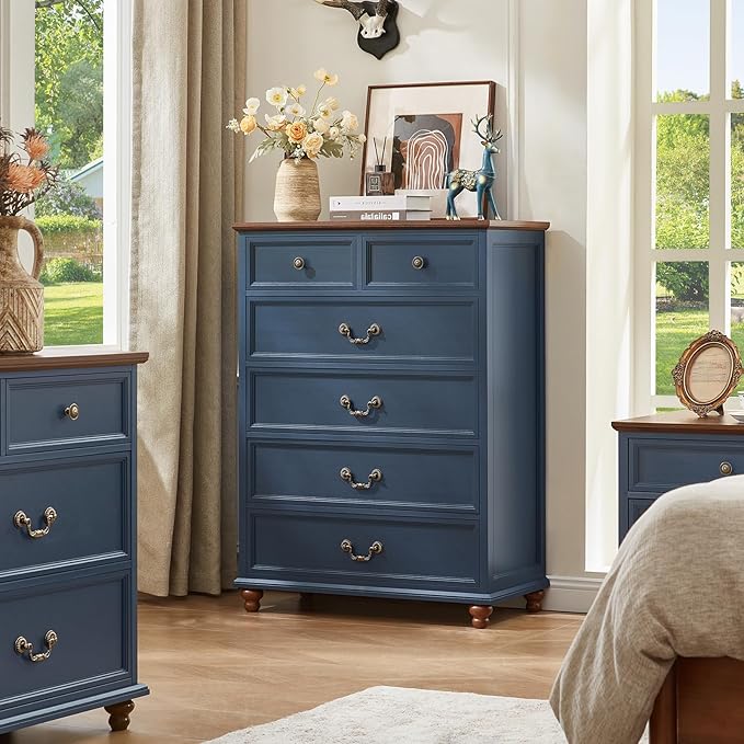 Farmhouse 6 Drawer Dresser for Bedroom, 42" Tall Rustic Chests of Drawers w/ 4 Solid Wood Feet, Mid Century Modern Wooden Closet Storage Dressers Organizer for Living Room, Hallway,Blue