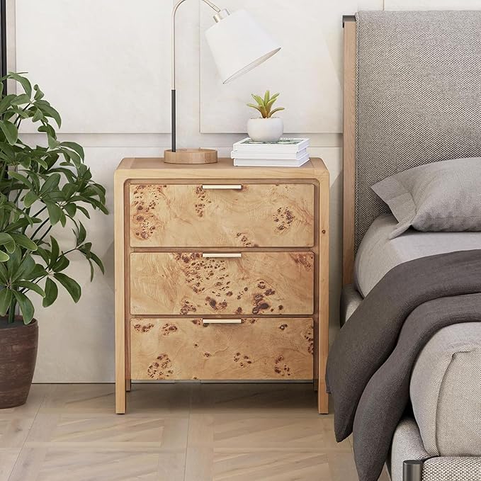 COZAYH Burl Finish 3 Drawer Nightstand, Wood Rustic Farmhouse Dresser, Vintage Accent Storage Bedside Table for Bedroom Entryway, Fully Assembled, Natural