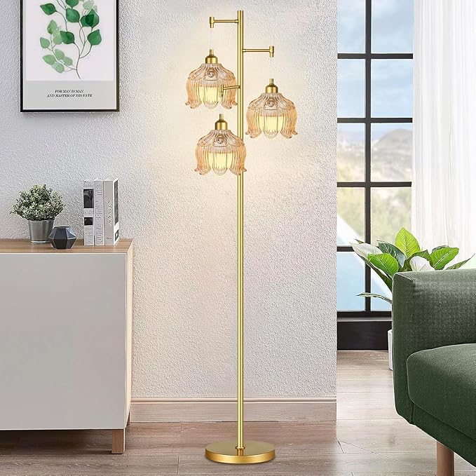 Glass Floor Lamp for Living Room,Bedroom,Mid Century Modern Standing Lamp Black Tree 3 Light Tall Floor Lamps Vintage Retro Floor Lights Green Lamp Shade Farmhouse Boho Bohemian