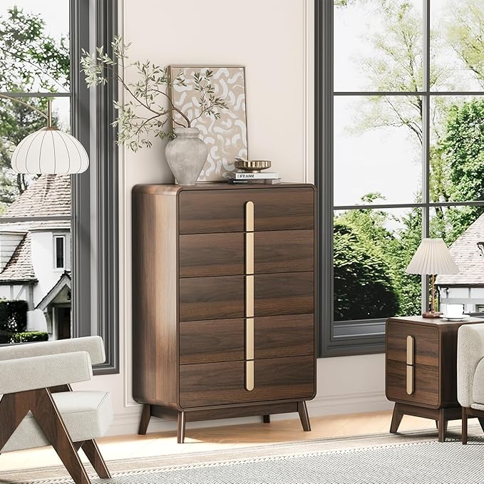 Mid Century Modern Bedroom Sets, 5 Drawer Dresser and Nightstand Sets for Bedroom, Night Stand Set 2 & 5 Drawer Dresser with Gold Handles, Wood Chest of Drawers Storage Cabinet Set, Walnut
