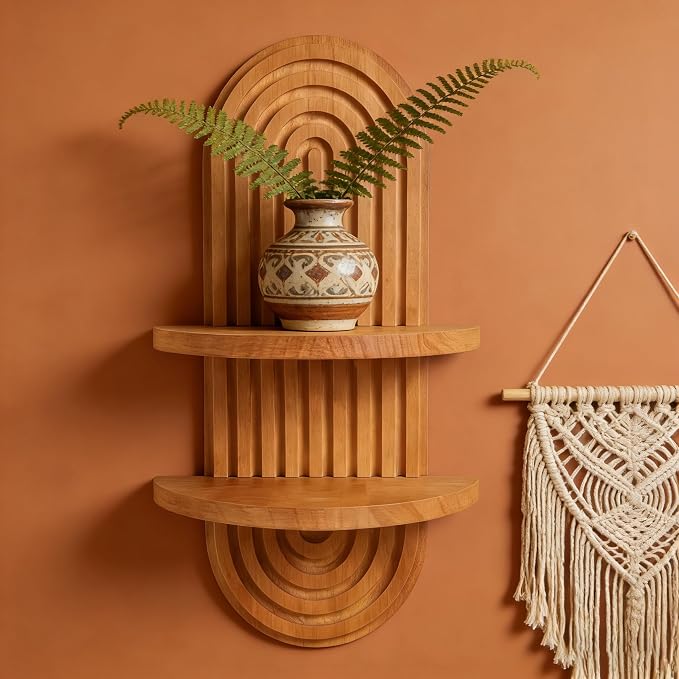 Vintage Arch Plants Wall Shelf Boho Wall Decor 2-Tier Wood Floating Shelves, 16.7"X 9" Modern Wall Mounted Display Shelves, for Home, Living Room, Bedroom, Office Decor (Brown-1pcs)