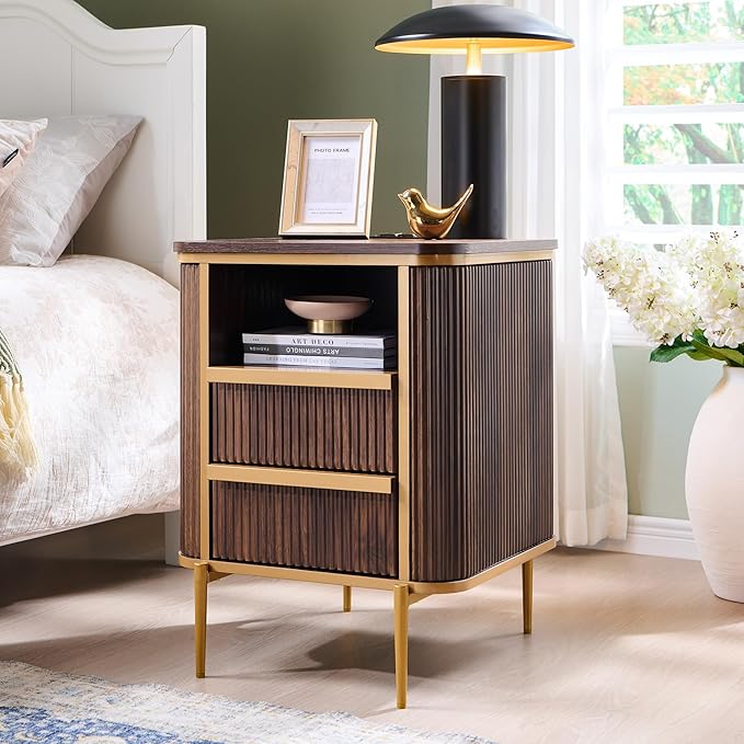 OKD Modern Chic Fluted Nightstand Luxury with Charging Station, End Table/Bed Side Table w/2 Drawers, Faux Marble Tabletop, Gold Metal Decor, Curved Edge Design, Dark Walnut