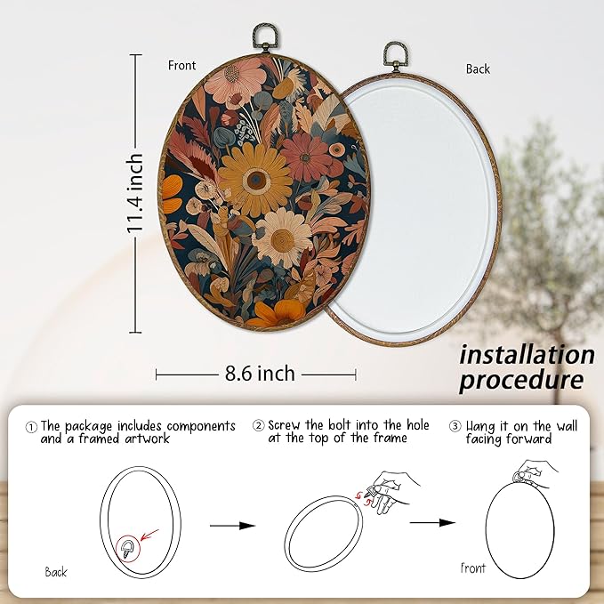 AEHIE Vintage Boho Floral Oval Wall Art Decor, Retro Maximalist Floral Botanical Canvas Artwork Framed, Mid Century Modern Flower Oval Wall Art for Home Bedroom Living Room Decor, 11x8.5 Inches