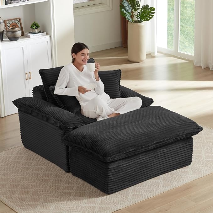 52" Boneless Chaise Lounge – Oversized Chaise Lounge Chair Indoor with Ottoman, Cup Holder & 3 Pillows, Corduroy 3-in-1 Floor Sleeper Chair Bed for Adults, Reading, Napping,Black | Breathable Material