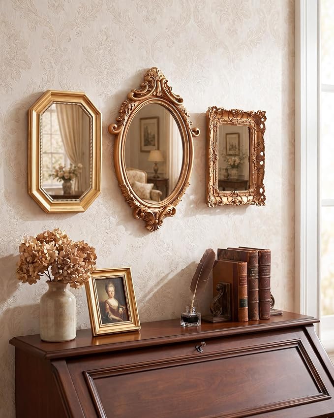 Wonderjune 3 Pcs Vintage Gold Mirror Set Wall Decorative, 8-15in Vintage Wall Mirror Hanging Antique Hanging with Stand for Living Room Home Wedding Decor(Court Baroque Style, 15in/11in/10in)