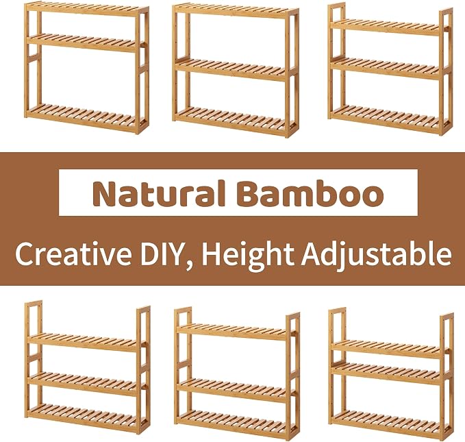 Bamboo Organizer Rack - Adjustable 3-Tier Storage Shelf, Wall Mounted or Over The Toilet, Living Room, Kitchen (Natural)