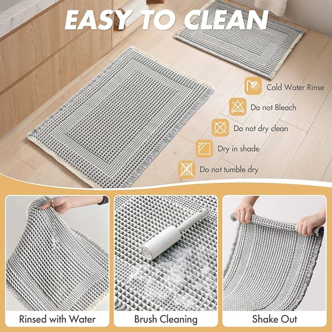 MIULEE Set of 2 Waffle Bathroom Rugs, Boho Bath Rug Super Absorbent, Non Slip Washable Ultra Soft Rubber Backed Shower Bath Mats for Floor, Tub, Looped Design, Lightgrey & Cream, 17"x24"+18"x30"