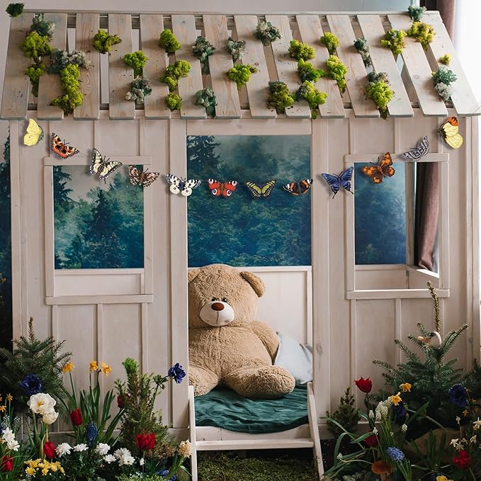 8.2 ft Butterfly Garland Party Decorations Wood Hanging Butterfly Decor Banner Spring Ornaments Animals Garland Crafts Rustic Vintage Retro Banner for Birthday Party Nursery Room Home Decor