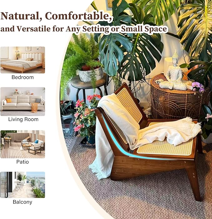 Furlide Rattan Chair 2Pcs, Mid-Century Accent Chair, Rattan Lounge Chair for Living Room, Boho Side Corner Comfy Chair for Bedroom and Balcony, Walnut