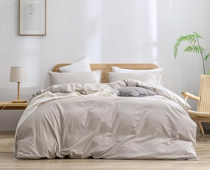 BESTOUCH Duvet Cover Set 100% Washed Cotton Linen Feel Super Soft Comfortable Chic Lightweight 3 PCs Home Bedding Set Solid Linen Grey Alaska King