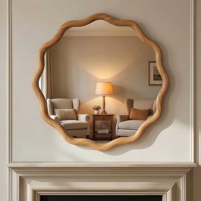 24" Wavy Round Solid Wood Frame Decorative Mirror, for Bedroom, Bathroom, Living Room, Entryway, HU26052223 (Oak)