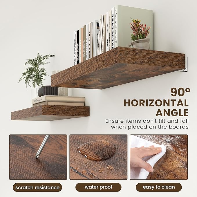 30 Inch Floating Shelves | 12 Inch Deep Brown Floating Shelves | 30" W x 12" D Rustic Wood Shelves for Wall | Deep Brown Shelves for Living Room Bathroom Laundry Room Kitchen