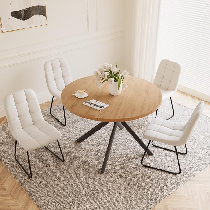 HIPIHOM 45.3 Inch Round Dining Table Set for 4, Mid Century Modern Small Kitchen Coffee Set for Dining Room Kitchen Apartment (Oak Table + 4 U-Shaped White Chairs)