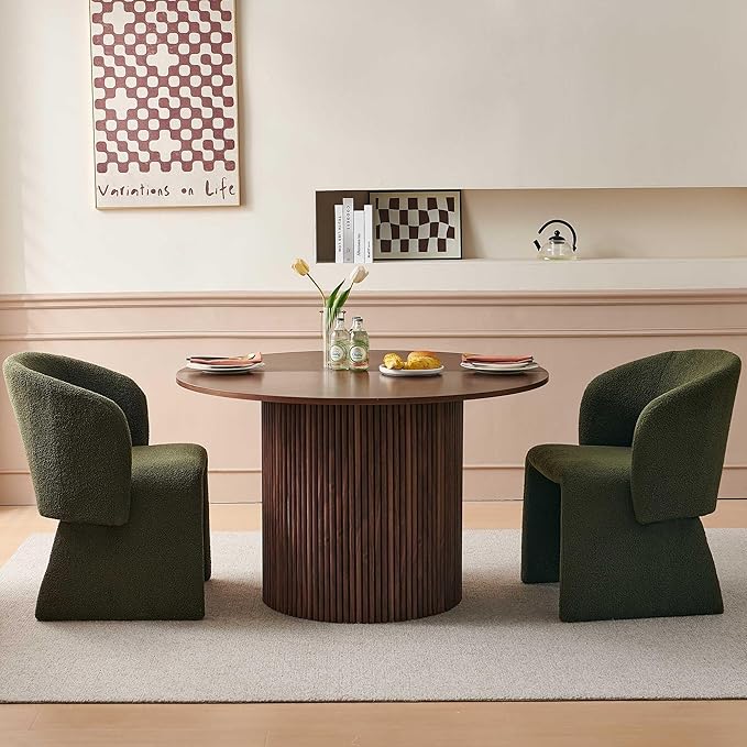 NORDICANA 3-Piece Round Dining Table Set for 2, Rustic 47-Inch Kitchen Table and Chair Set, Dining Set with Dark Green Upholstered Armchairs, Manufactured Wood Top with Walnut Veneer