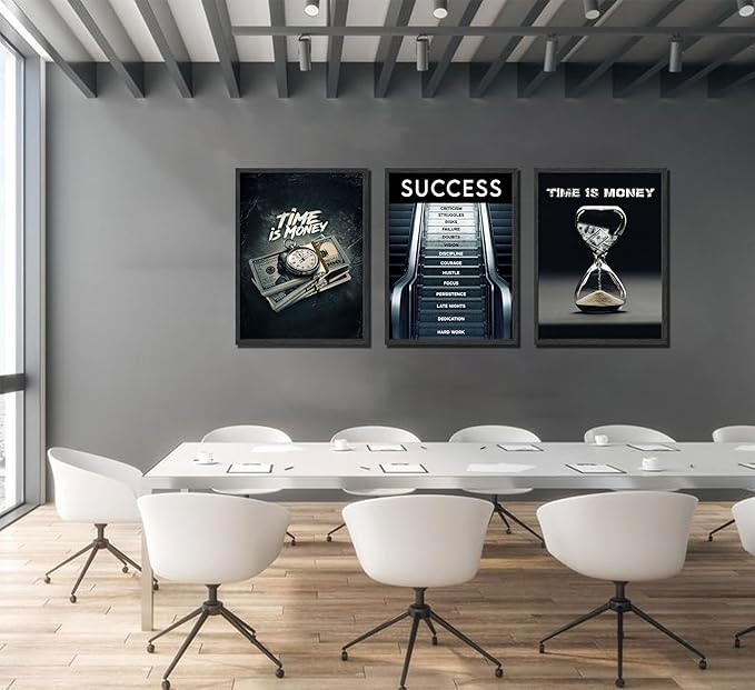 3Pcs Time Is Money Wall Art Paintings Office Wall Decor Pictures Inspirational Quotes Posters Prints Road to Success Canvas Paintings of Man Cave Living Room Bedroom Office Decor unframed