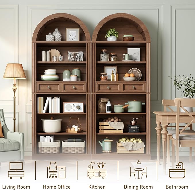 RALGEND Arched Bookshelf Set of 2, 73" Tall Arch Bookcase with Drawer, 6-Tier Farmhouse Book Shelf, Wooden Bookshelf with Open Display Shelves for Living Room, Office, Walnut